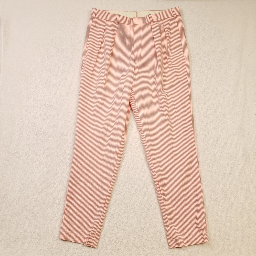 Ben Silver Seersucker Trousers Mens 34 Red White Pleated Striped Pants USA Made